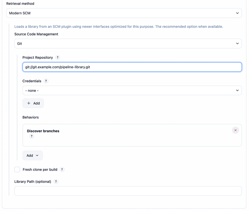 Jenkins System Configuration page accessed by navigating from the Dashboard to Manage Jenkins, then to System, showing settings for adding a Global Trusted Pipeline Library. It includes options as follows: the library name is set to 'my-shared-library', the default version to 'main', and checkboxes for 'Allow default version to be overridden' and 'Include @Library changes in job recent changes' are checked. The retrieval method is set to Modern SCM, with the source code management field set to 'Git' including options such as project repository, credentials, and behaviors like branch discovery.